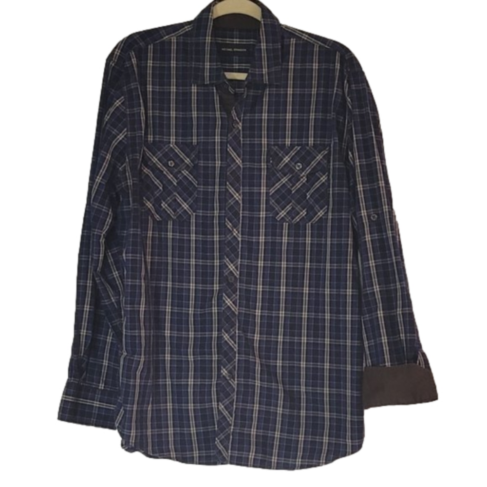 MICHAEL BRANDON MENS BLUE BUTTON UP SIZE LARGE WITH CUFFED NAVY SLEEVES